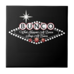 What Happens At Bunco Stays At Bunco Fun Tile<br><div class="desc">Fun and colorful vintage style graphic art design inspired by Bunco players.  What Happens At Bunco Stays At Bunco features a Vegas style neon sign design that includes tow red Bunco dice.  Bunco products are great gifts or prizes.  Background color can be changed to your own favorite color.</div>
