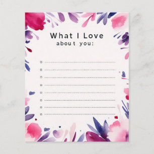 What I love about you note, love note, card insert Flyer