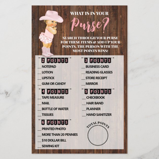 What In Your Purse Cowgirl Baby Shower Game Card Flyer (Front)