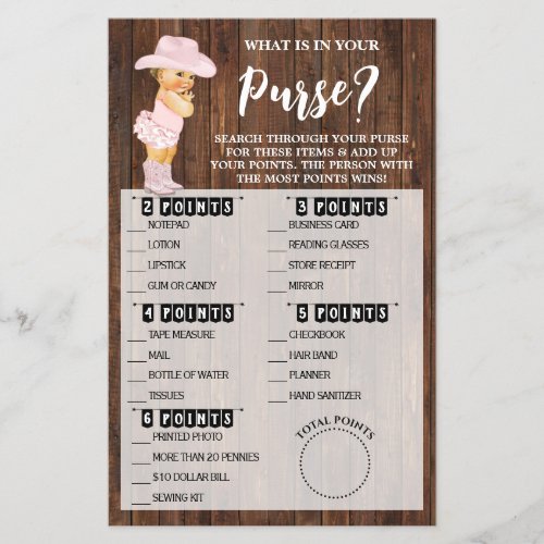 What In Your Purse Cowgirl Baby Shower Game Card Flyer