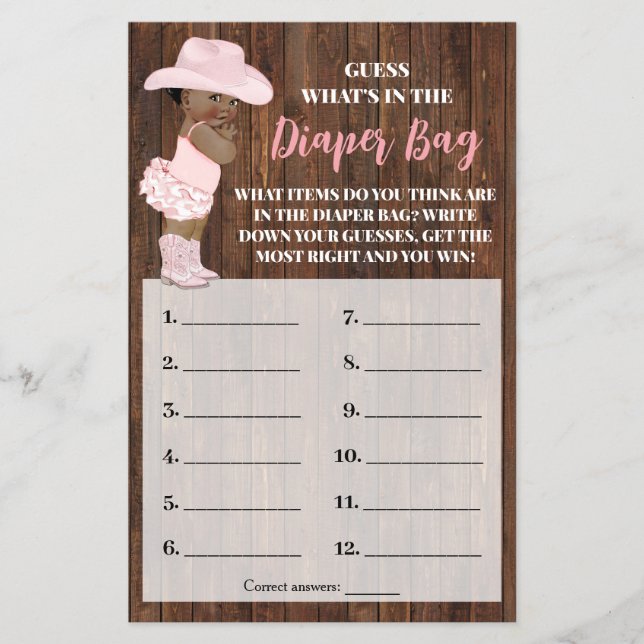 What is In Diaper Bag AA Cowgirl Shower Game Card Flyer (Front)