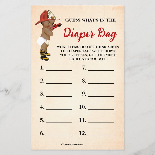 What is In Diaper Bag AA Fireman Shower Game Card Flyer (Front)