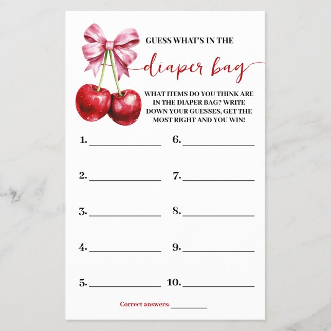What is in Diaper Bag Cherry Baby Shower Game Card Flyer (Front)