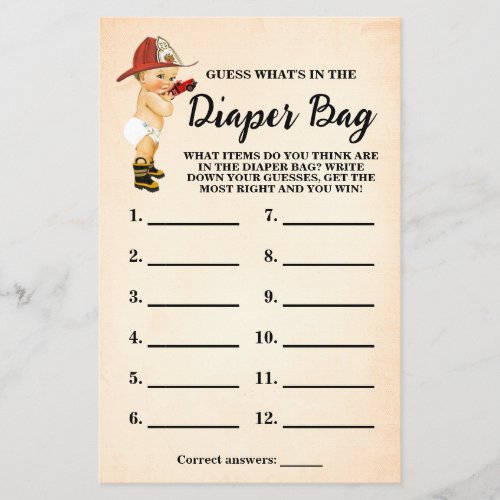 What is In Diaper Bag Firefighter Shower Game Card Flyer