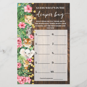 What is in Diaper Bag Pink Safari Shower Game Card Flyer