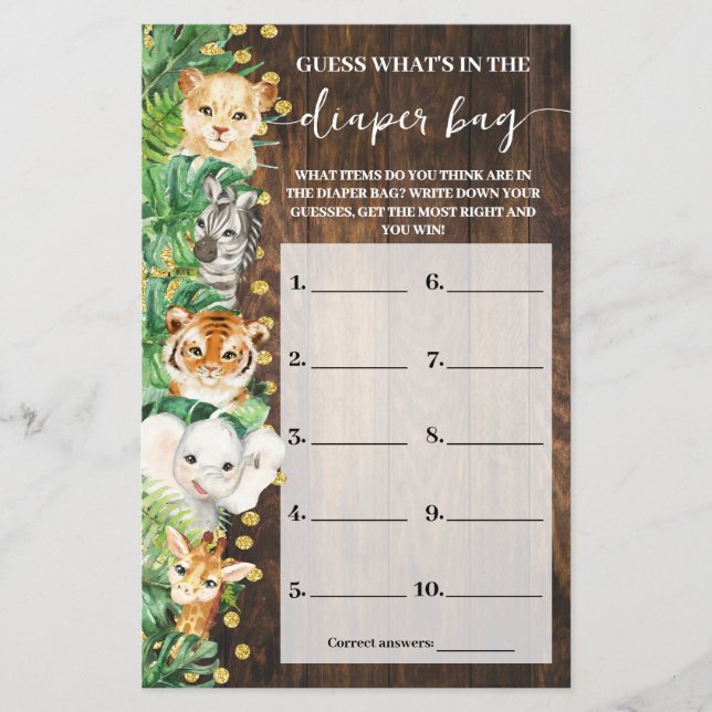 What is in Diaper Bag Safari Baby Shower Game Card Flyer (Front)
