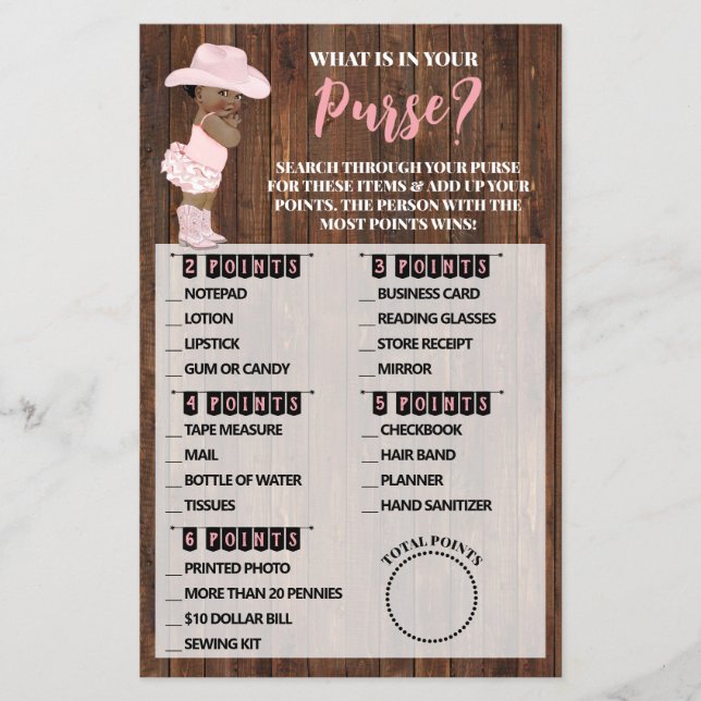 What is In Purse AA Cowgirl Baby Shower Game Card Flyer (Front)