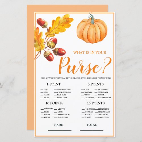 What is in Purse Fall Pumpkin Bridal Game
