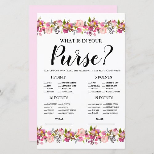 What is in Purse Pink Floral Bridal Game