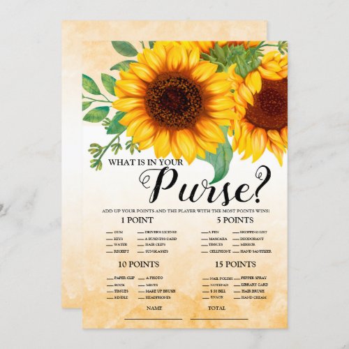 What is in Purse Sunflower Bridal Game Invitation