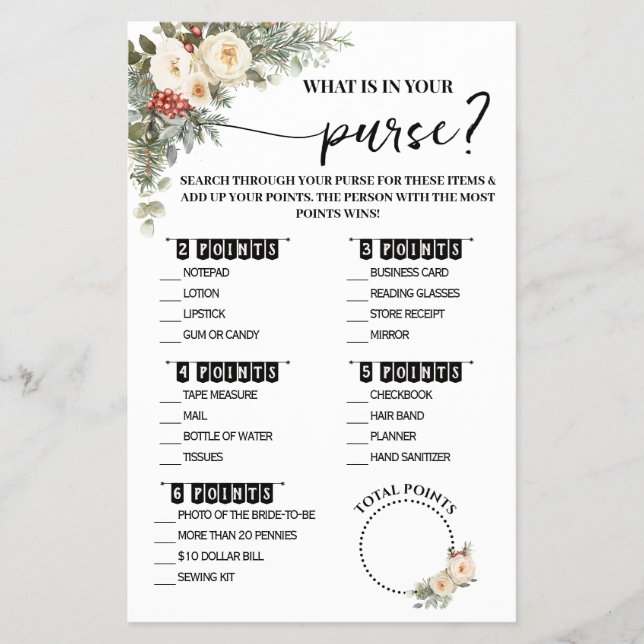 What is in Purse Winter Bridal Shower Game Card Flyer (Front)