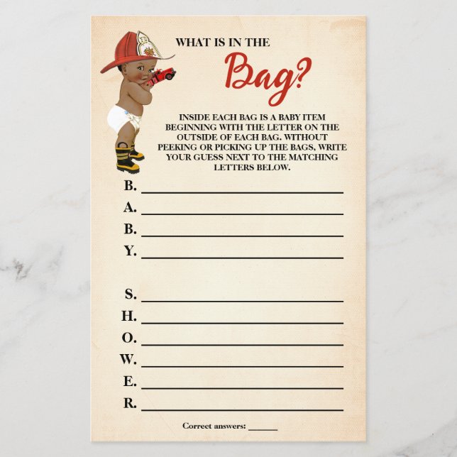 What is in the Bag AA Firefighter Baby Shower Game Flyer (Front)