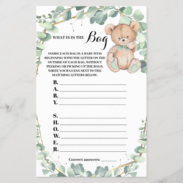 What is in the Bag Bear Baby Shower Game Card Flyer (Front)