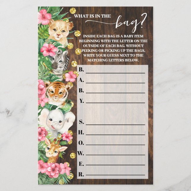 What is in the Bag Rustic Pink Safari Shower Game Flyer (Front)
