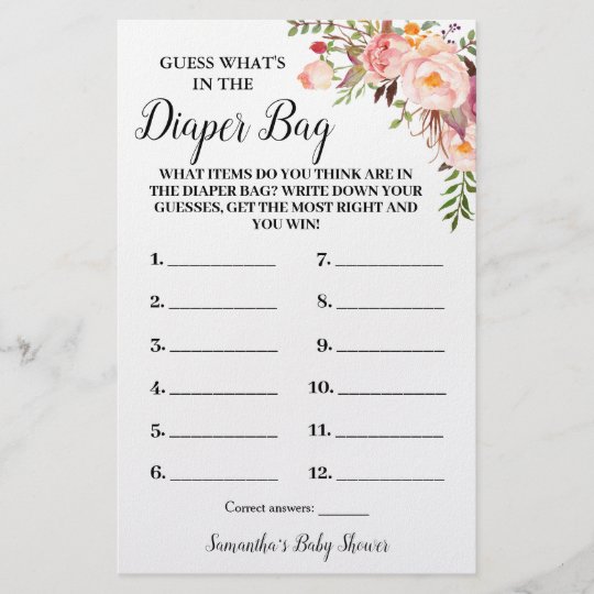 What Is In The Diaper Bag Baby Shower Game Card