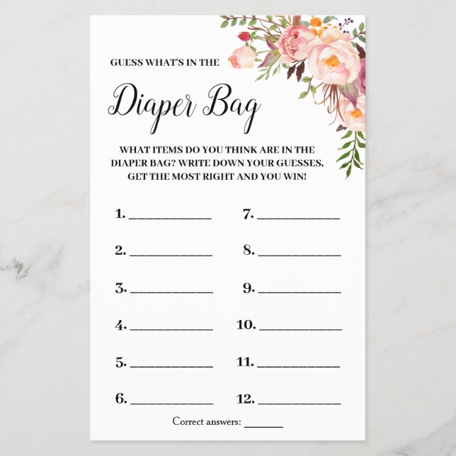 What Is In The Diaper Bag Baby Shower Game Card Flyer (Front)