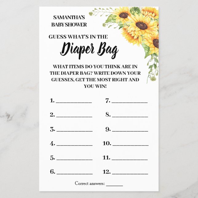 What is in the diaper bag baby shower game card flyer (Front)
