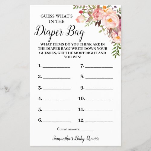 What Is In The Diaper Bag Baby Shower Game Card Flyer