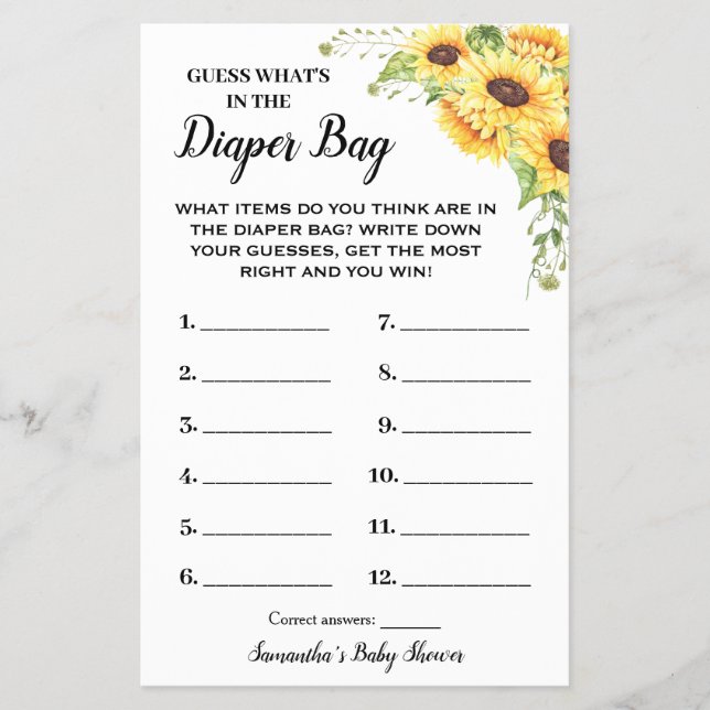 What Is In The Diaper Bag Baby Shower Game Card Flyer (Front)