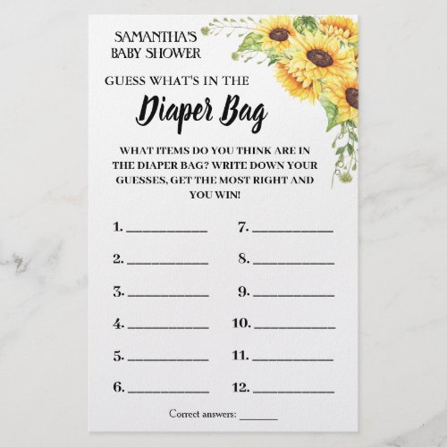 What is in the diaper bag baby shower game card flyer