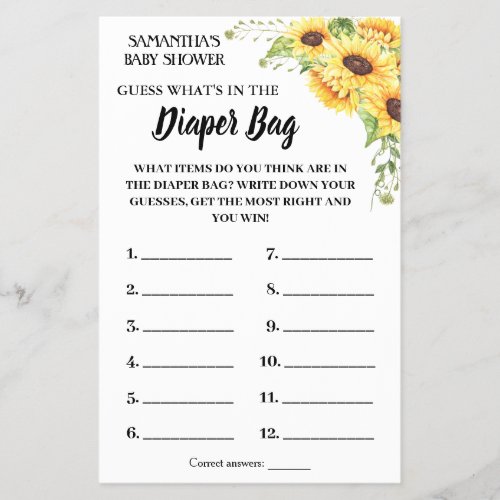 What is in the diaper bag baby shower game card flyer