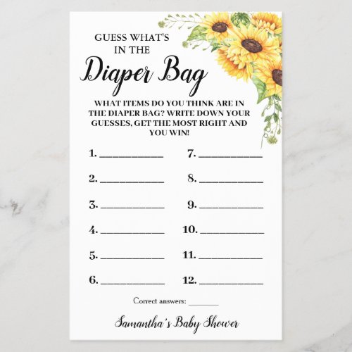 What Is In The Diaper Bag Baby Shower Game Card Flyer