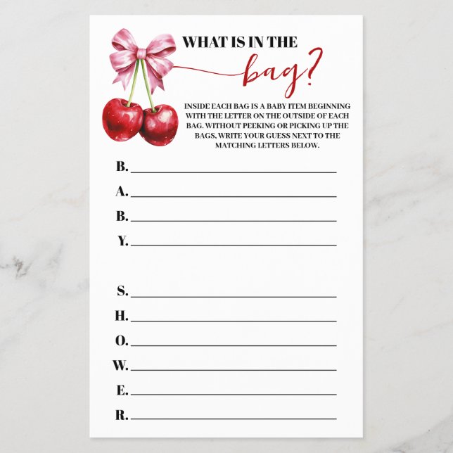 What is in the Diaper Bag Cherry Baby Shower Game Flyer (Front)