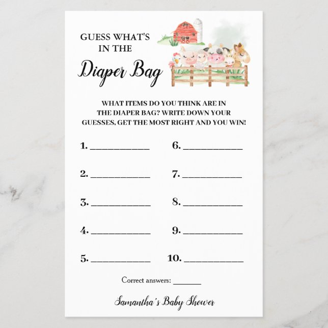 What is in the Diaper Bag Farm Shower Game card Flyer (Front)