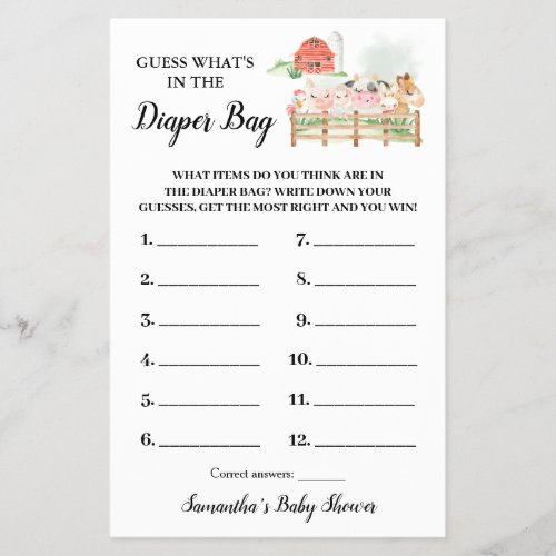 What is in the Diaper Bag Farm Shower Game card Flyer