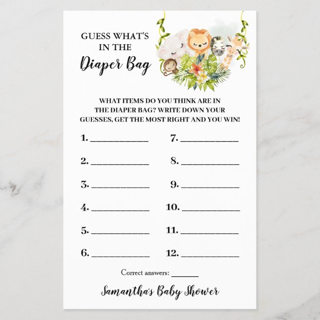 What is in the Diaper Bag Jungle Shower Game card Flyer (Front)