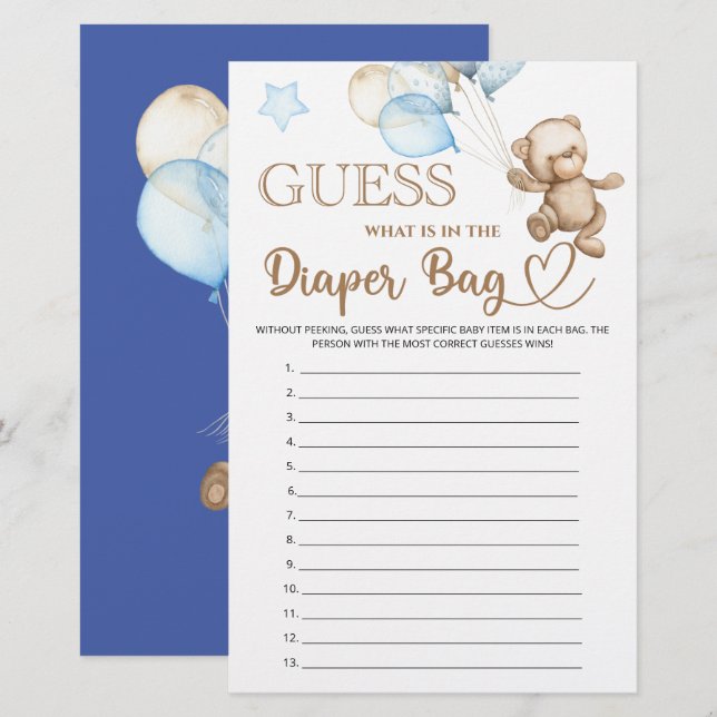 What is in the diaper bag Teddy bear baby shower (Front/Back)