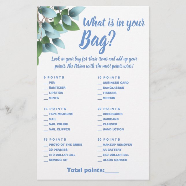 What is in your Bag Shower Game Card Eucalyptus Flyer (Front)