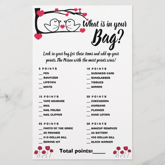What is in your Bag Shower Game Card Love Bird Flyer (Front)