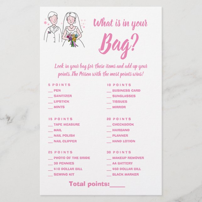 What is in your Bag Shower Game Card Pink Love Flyer (Front)