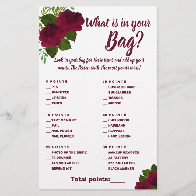 What is in your Bag Shower Game Card Red Flower Flyer (Front)