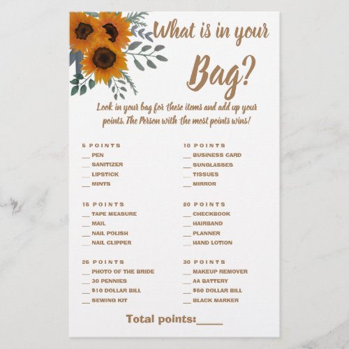 What is in your Bag Shower Game Card Sunflowers  Flyer