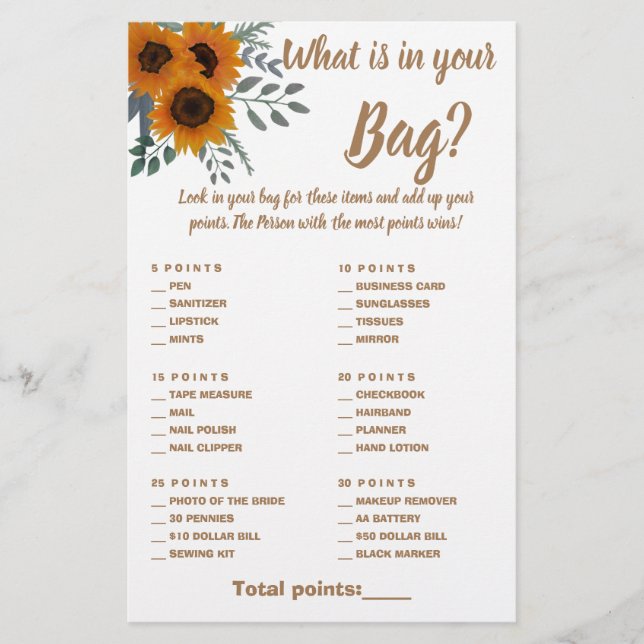 What is in your Bag Shower Game Card Sunflowers  Flyer (Front)