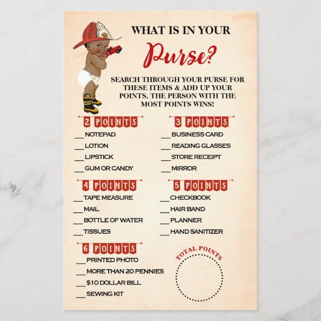 What is in your Purse AA Fireman Baby Shower Card Flyer (Front)