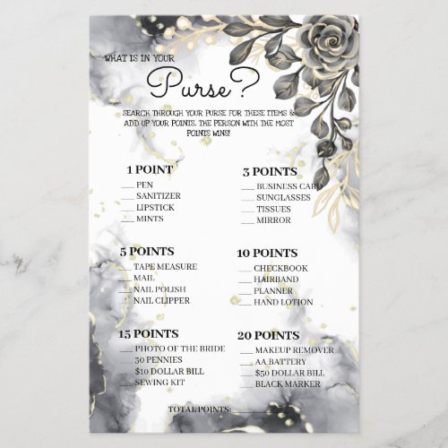 What is in your Purse Black Roses Shower Game Card Flyer