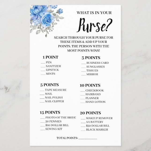 What is in your Purse Blue Flower Shower Game Card Flyer (Front)