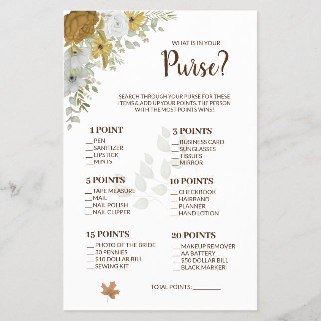 What is in your Purse Boho Autumn Shower Game Card Flyer (Front)