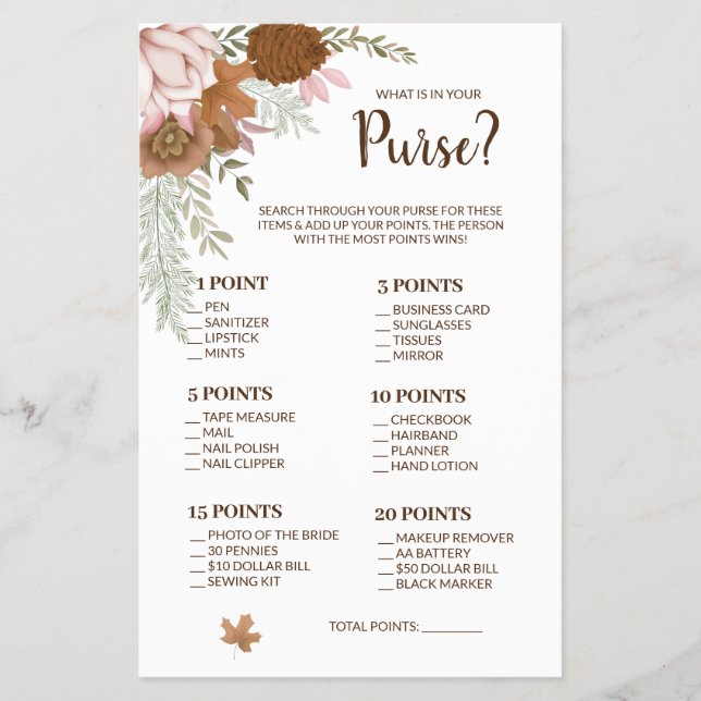 What is in your Purse Boho Autumn Shower Game Card Flyer (Front)