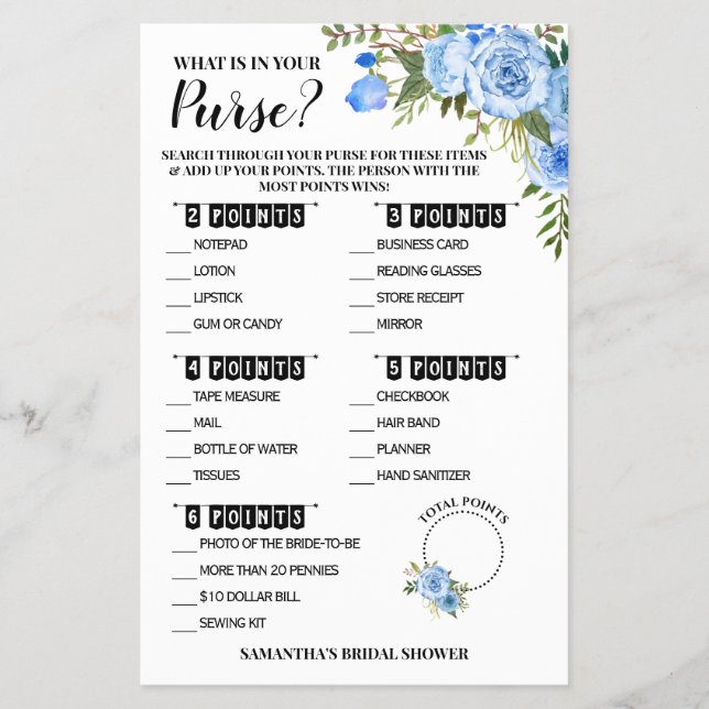 What is in your Purse Bridal Shower Blue Game Card Flyer (Front)