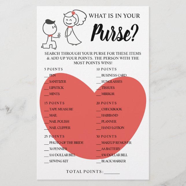 What is in your Purse Bridal Shower Game Card Flyer (Front)
