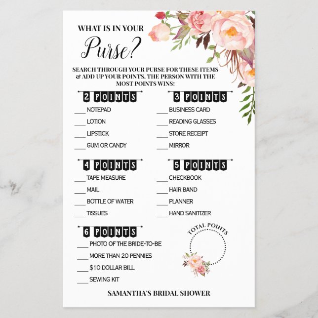 What is in your Purse Bridal Shower Pink Game Card Flyer (Front)