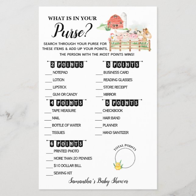 What is in your Purse Farm Baby Shower Game Card Flyer (Front)