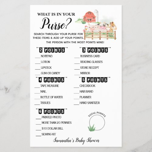 What is in your Purse Farm Baby Shower Game Card Flyer