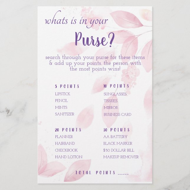 What is in your Purse? Game Card Flyer (Front)