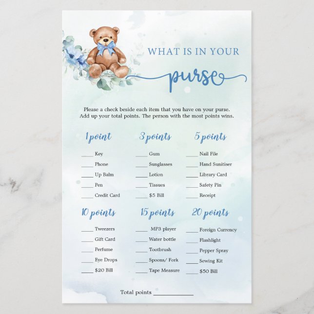 What is in Your Purse Game Teddy Bear Eucalyptus (Front)