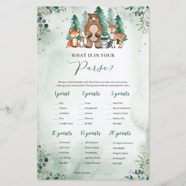 What is in your purse game woodland forest animals (Front)